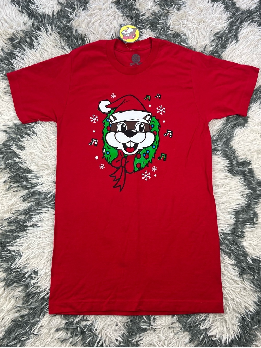 NWT Buc-ees Adult Red Chrismas Theme Graphic T-shirt Size Small
